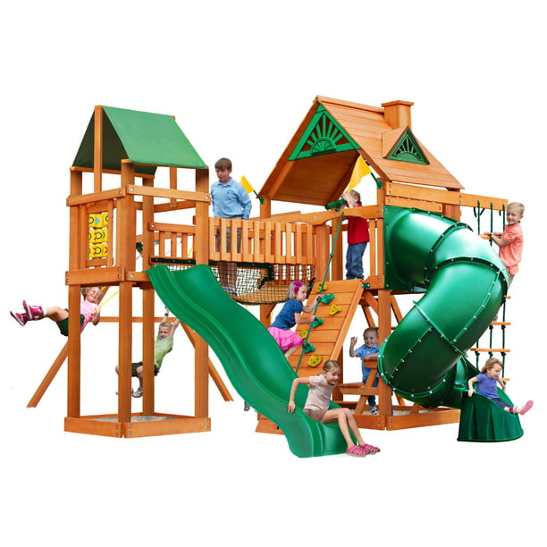 Gorilla Playsets Catalina Wooden Swing Set With Clatter Bridge And Tower 3 Swings And Tube Slide Walmart Com Walmart Com