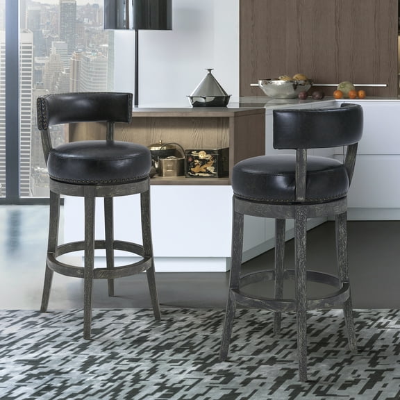 Flint 30" Bar Height Wood Swivel Barstool in American Grey Finish with Onyx Faux Leather
