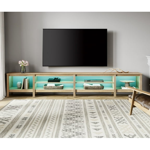 Fitueyes 118" Wood TV Stand for 85-100" TVs, Media Console Table with Open Shelves & 16 Colors LED Light for Living Room Bedroom, Oak