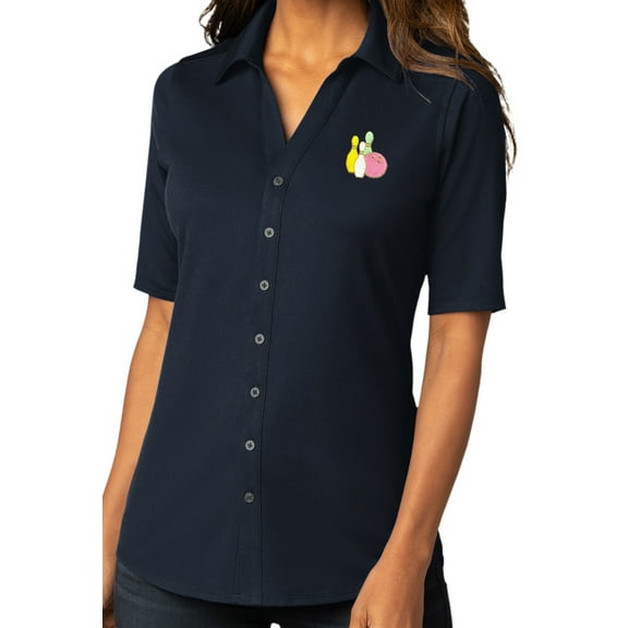 Womens Pastel Bowling Pins Button-Down Stretch Shirt, Extra-Small River Blue