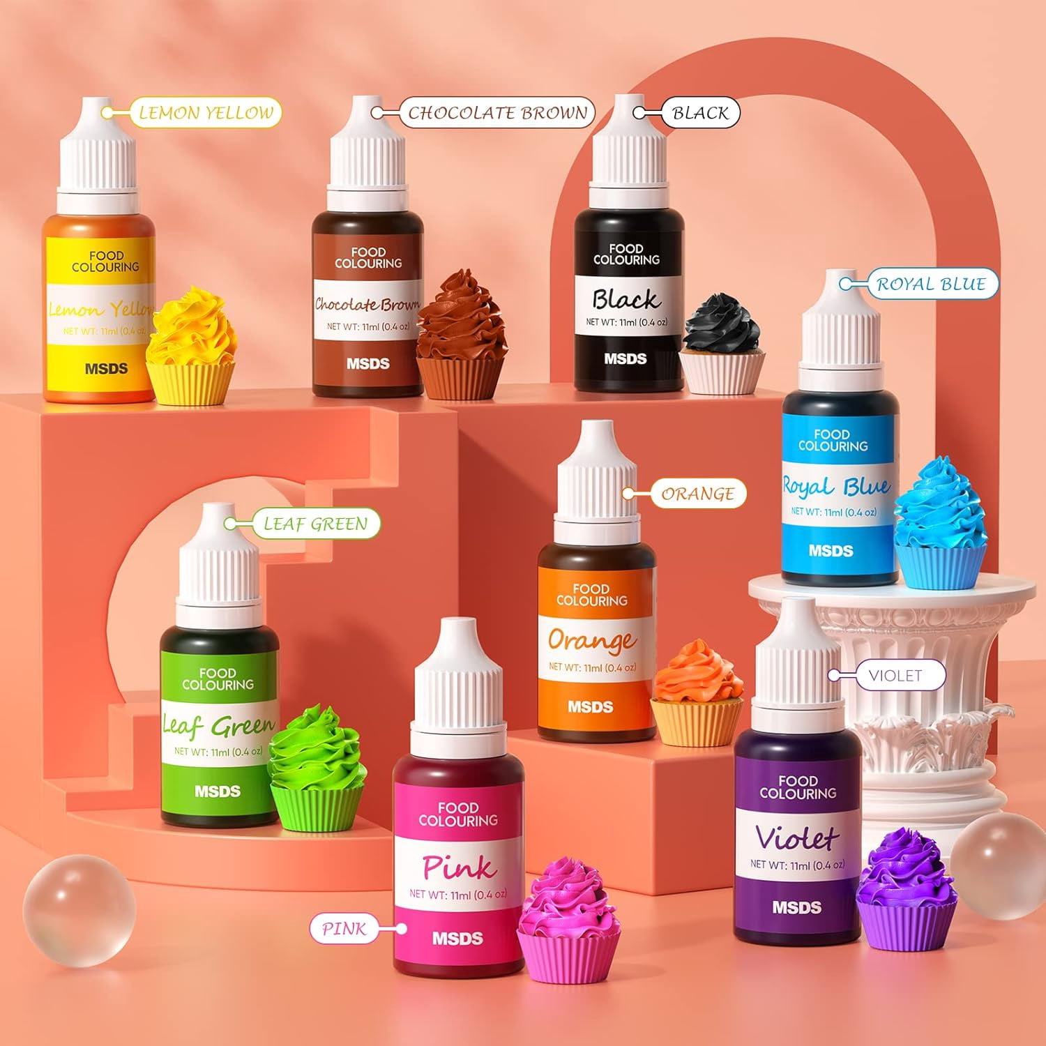 Food Coloring - 8 Colors Food Coloring Liquid, Vibrant Colors Edible Food Dye for Kids, Vegan Free Food Colors for Cake Decorating, Baking, Easter Egg - 0.44 Fl. oz (11 ml)/Bottles