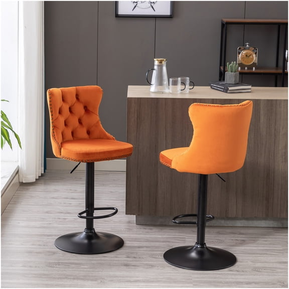 Modern Upholstered Bar Stools Set, Swivel Velvet Counter Stools with Adjustable Height and Back Support, Orange