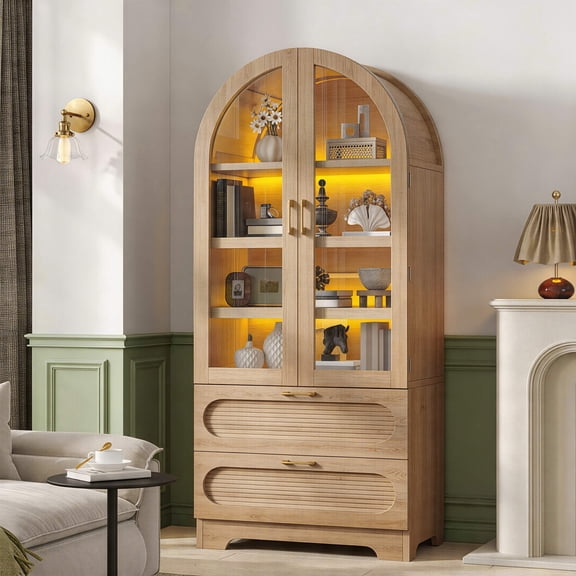 Bestier 71" Arched Pantry Storage Cabinet with Adjustable Shelves, LED Light, Glass Doors and 2 Large Drawers, Farmhouse Display Cupboard for Kitchen, Dining Room, Bathroom, Natrual