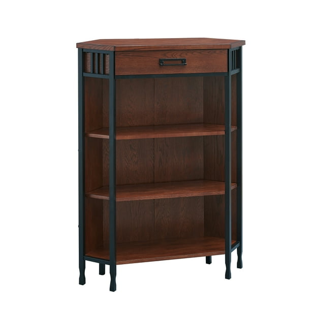 Ironcraft Corner Bookcase with Drawer in Medium Oak