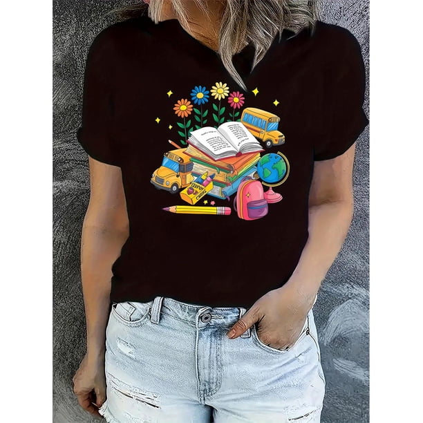 Women'S Fashion Casual Round Neck Short Sleeve T-Shirt, Creative Cartoon Print, Knitted Polyester, Geometric Pattern, All-Season Comfort Fit, Ladies' Leisure Sportswear