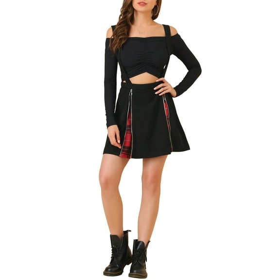 Allegra K Women's Plaid Overall Zipper Contrast Strap Mini Suspender Skirt