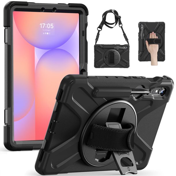 zenrich Funda para Samsung Galaxy Tab S10 Lite / S10 FE / S9 FE 10.9 Pulgadas 2025 /S9/S8/S7 11 Pulgadas, Funda Protectora Antigolpes con Pie de Apoyo/Correa de Mano/Correa de Hombro, Negro