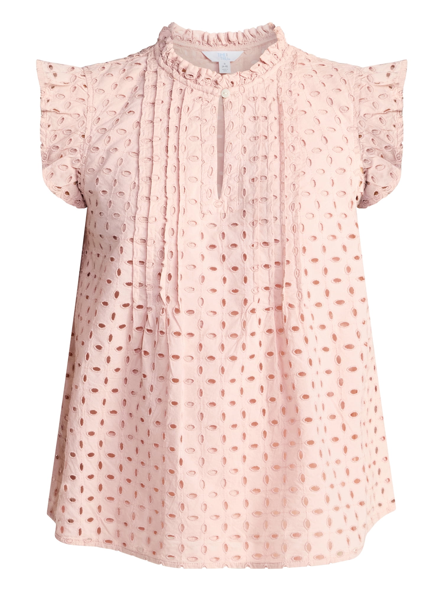 Time and Tru Women's Cotton Eyelet Top with Short Flutter Sleeves, Sizes XS-XXXL