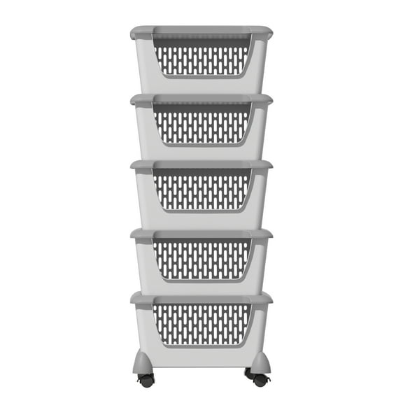 Lasbily 5 Tier Plastic Stackable Basket Cart with Wheels, Plastic Stacking Container Bin, Utility Rack for Kitchen, Pantry, Bathroom, Garage