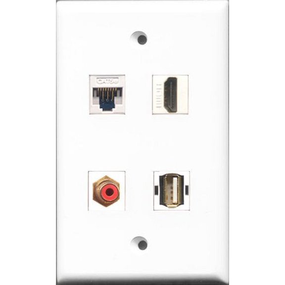 RiteAV - 1 Port HDMI and 1 Port RCA Red and 1 Port USB A-A and 1 Port Cat5e Ethernet White Wall Plate