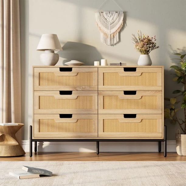 Natural rattan 6-cajón moderno cómoda: estilo rural de madera almacenamiento gabinete con metal legs - great para bedrooms & living rooms