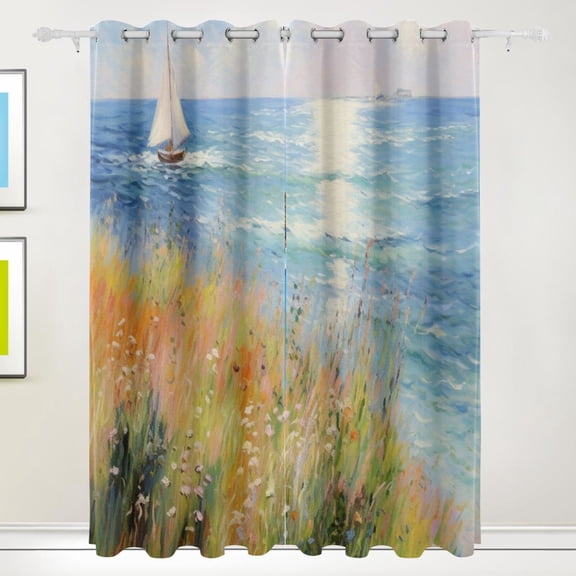 Painting Sea Ship Leaves Black Out Curtains 84 Inch Length Curtains for Sliding Glass Doors Bedroom Living Room 2 Pack