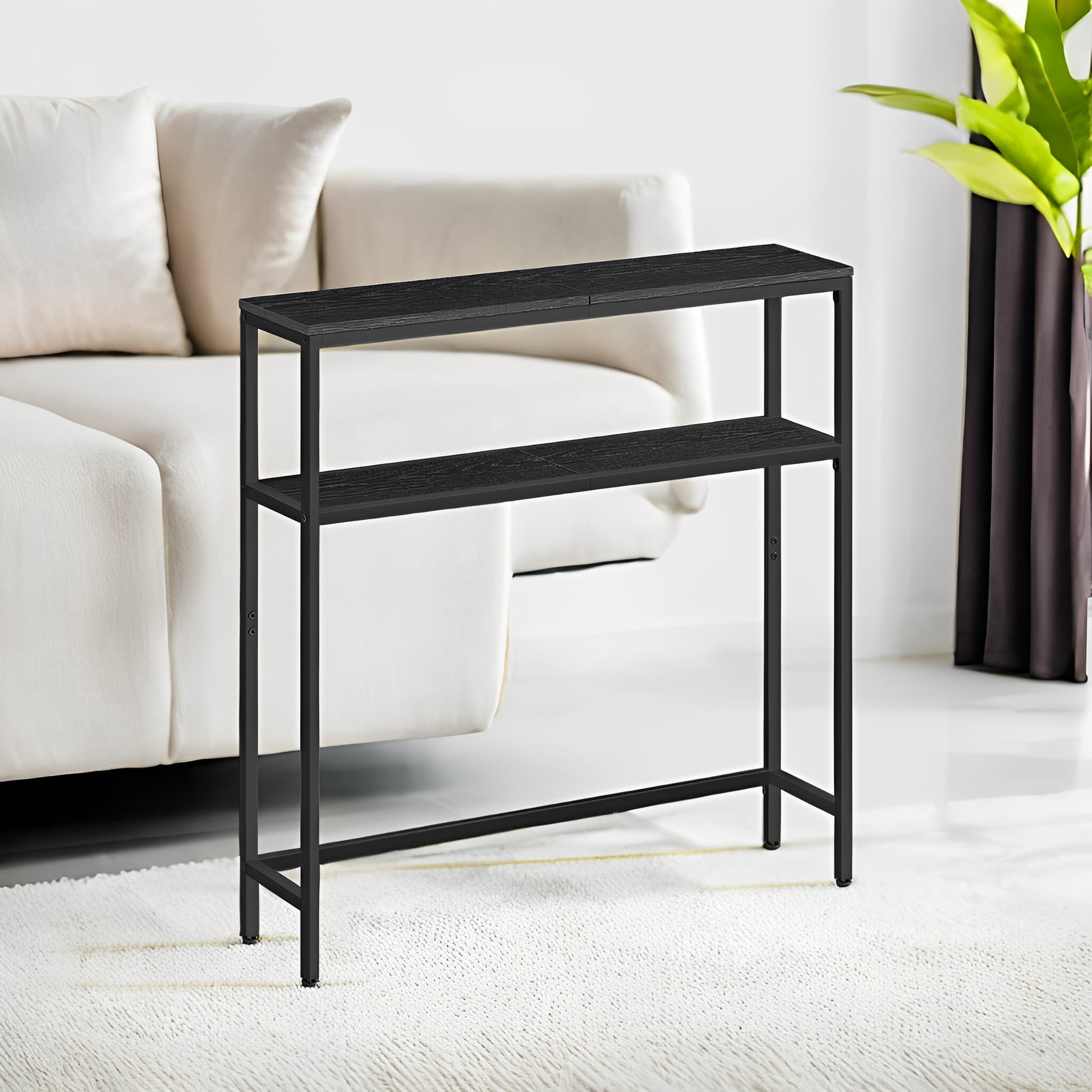 LEDREM 31.5" Modern 2-Tier Console Table, Narrow Sofa Table with Adjustable Feet for Entryway, Living Room, Charcoal Gray and Black
