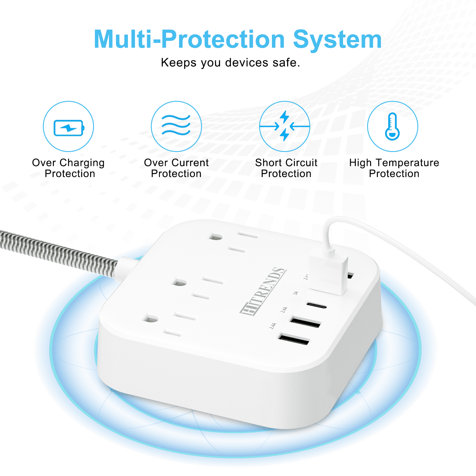 HITRENDS Surge Protector Power Strip, 3 AC Outlets, 4 USB-A Ports, 1 USB-C Port, 10-Foot Extension Cord