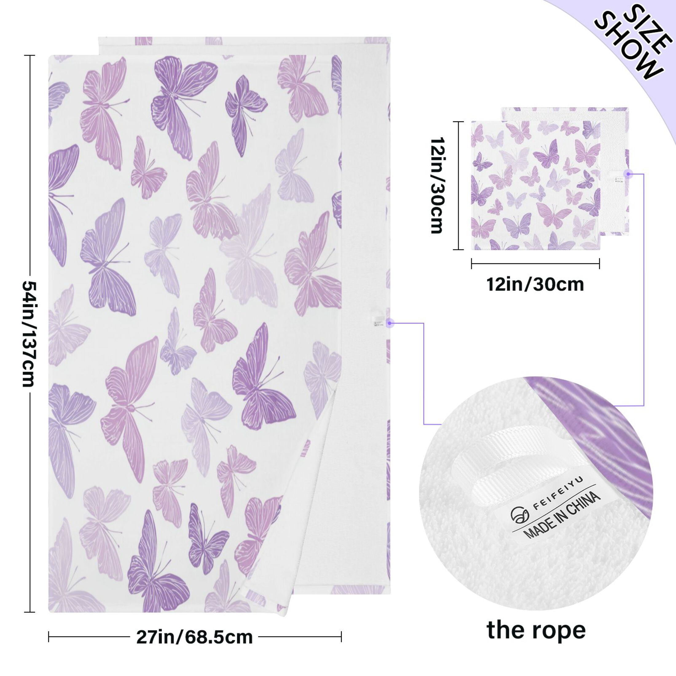 Qxltty Purple Butterfly Bath and Hand Towel Set 100% Cotton Towels for Bathroom Soft Durable and Absorbent