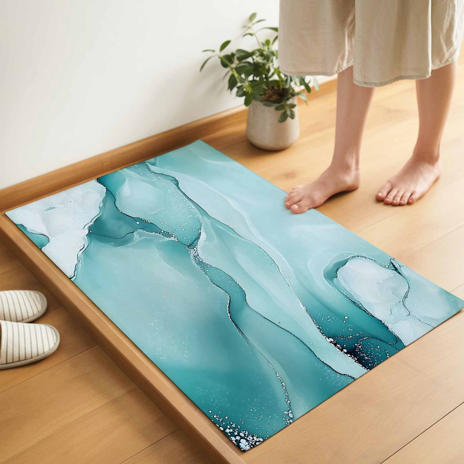 Turquoise Marble Indoor Door Mat - 16"x24", Non-Slip Welcome Mat for Outdoor, Modern Abstract Art Texture Watercolor Front Doormat for Entry, Low-Profile Doormat Entrance Rug for Kitchen/Bathroom