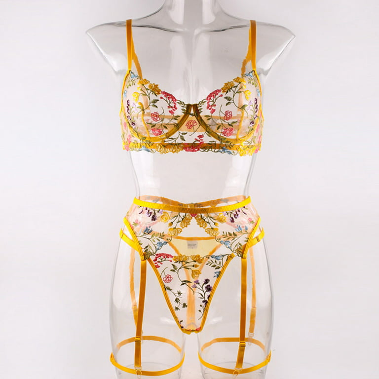  Women Lingerie Sets with Garter Belt 3 Piece Lace Floral Teddy  Babydoll Underwear Set Yellow: Clothing, Shoes & Jewelry