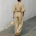 thumbnail image 5 of Womens Casual Two Piece Outfit High Neck Puff Sleeve Crop Top High Waist Wide Leg Pants Textured Casual Set Khaki L(L), 5 of 8