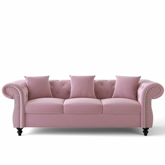 Furntsy Tufted Chesterfield Velvet Upholstered Sofa with Nailhead Decoration, Pink