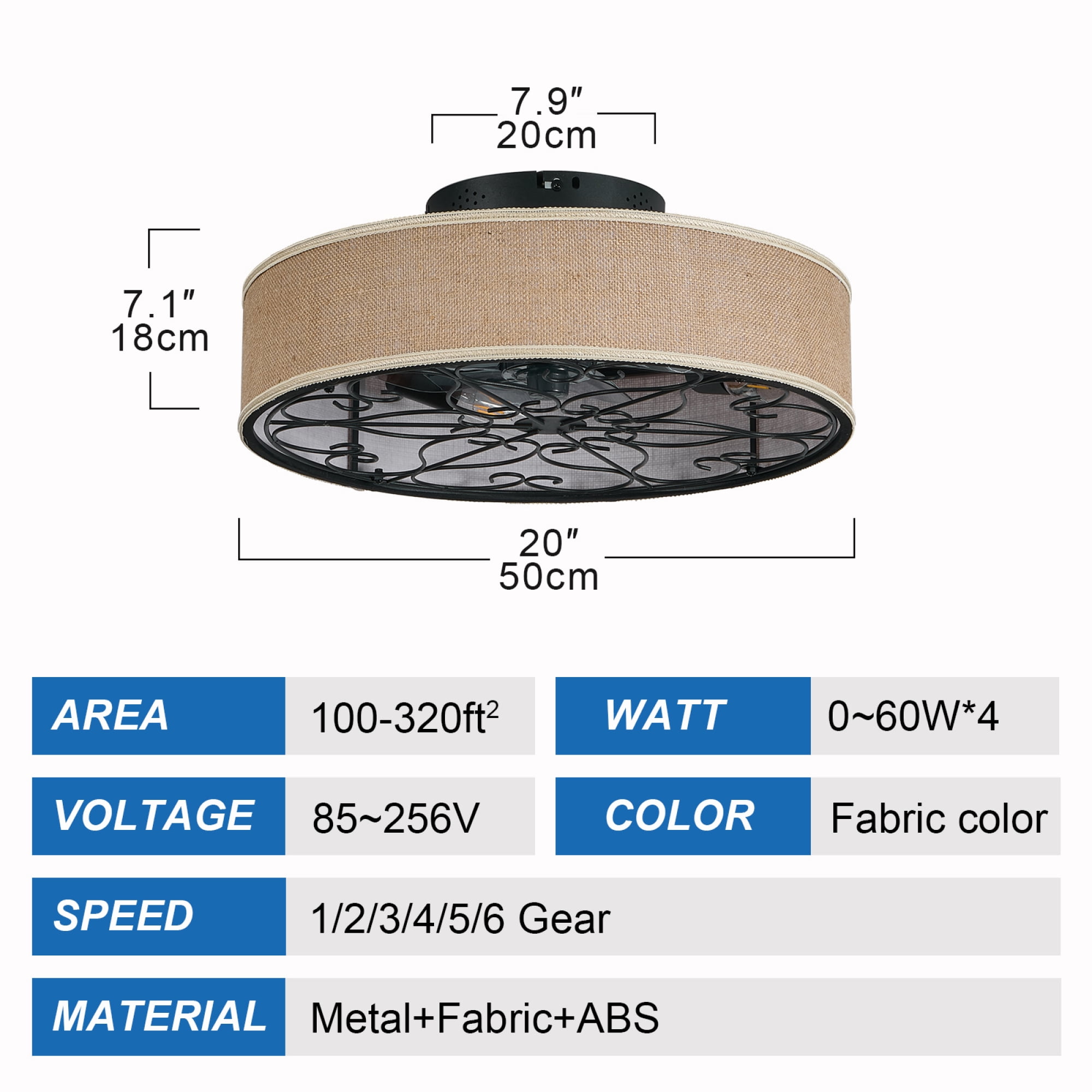 Leumius 20 Inch Caged Ceiling Fans with Lights Flush Mount,Low Profile Fabric Farmhouse Bladeless Ceiling Fan with Remote, Farmhouse White Ceiling Fan for Bedroom,6 Speeds Reversible Silent Fandalier
