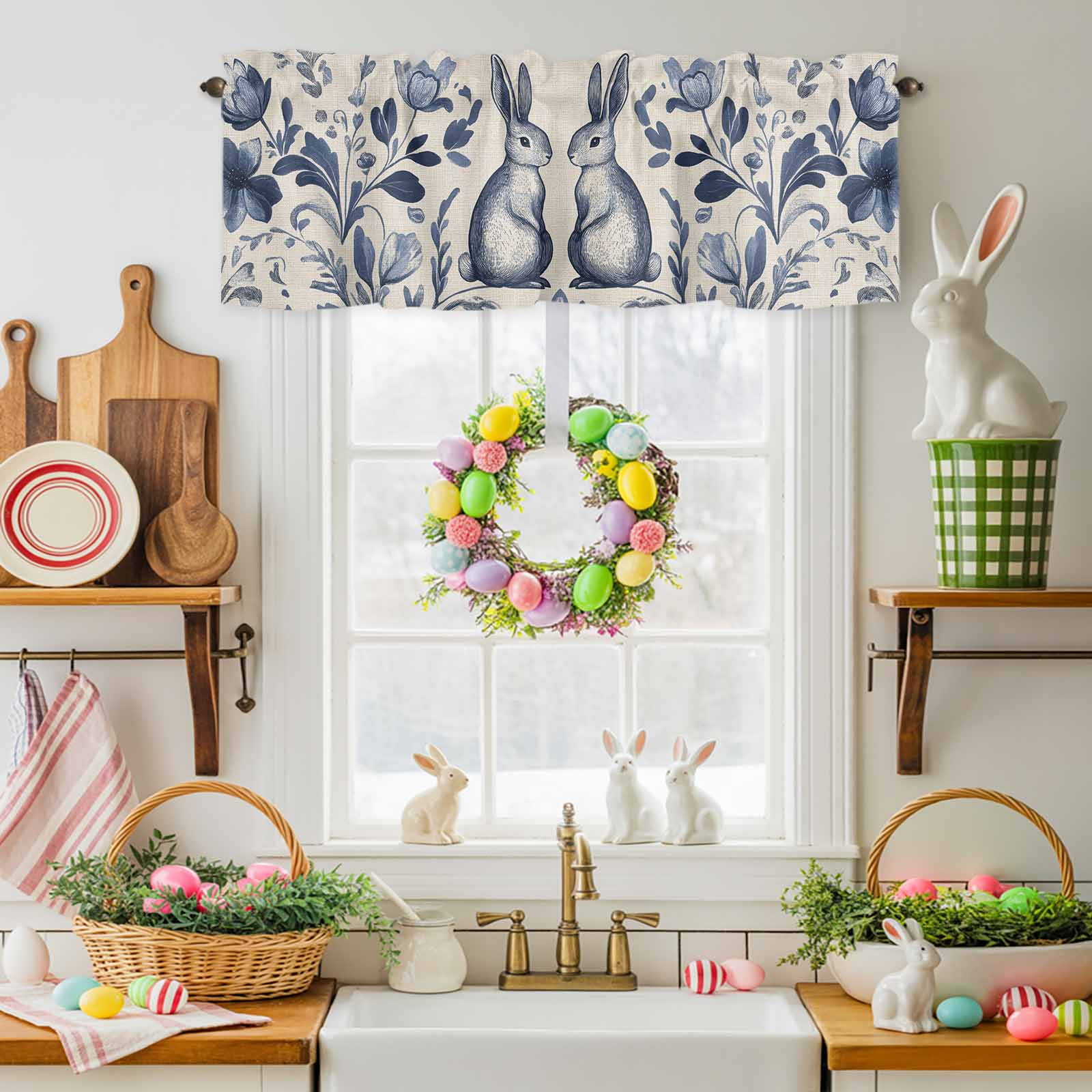 Easter Rabbits Valances for Windows, Cute Blue Bunny Watercolor Boho Floral Leaf Linen Texture Valance Window Treatment Rod Pocket Short Curtains Valances for Kitchen Bathroom 60"W x18"L