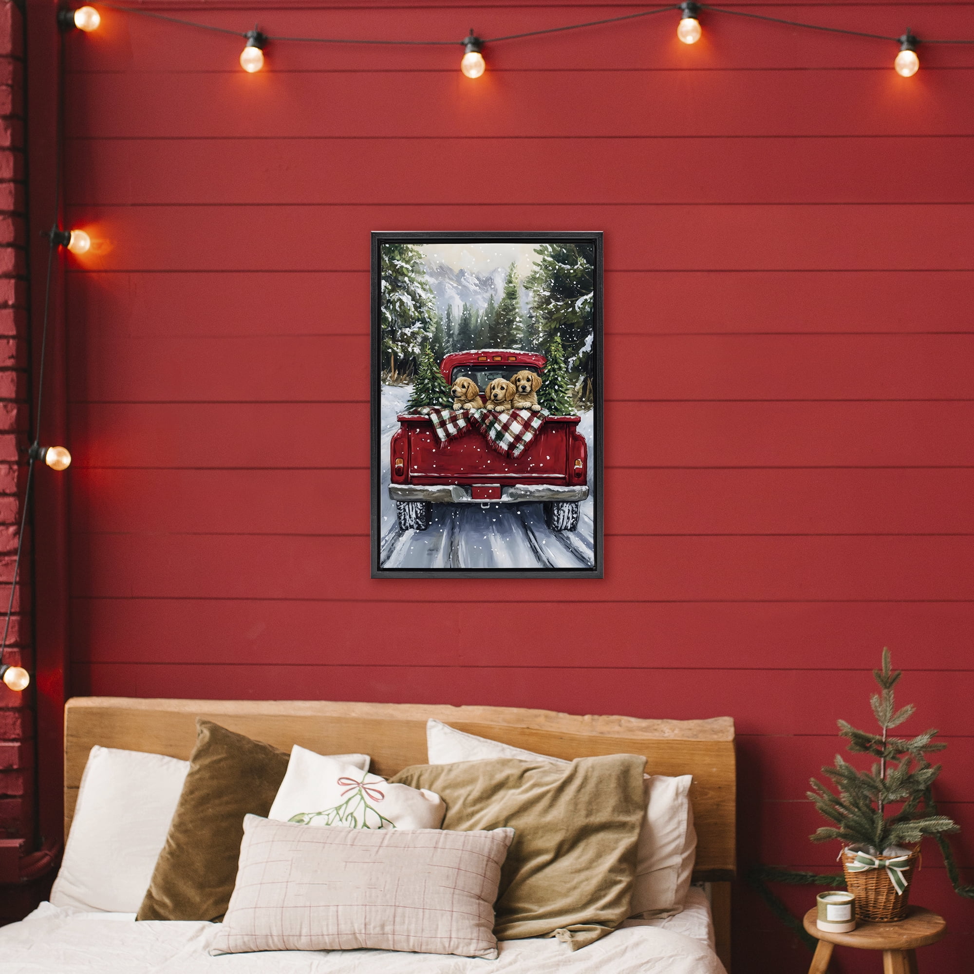 Golden Pups Christmas Truck Black Framed Floater Canvas Wall Art, design by Petal Prints Design