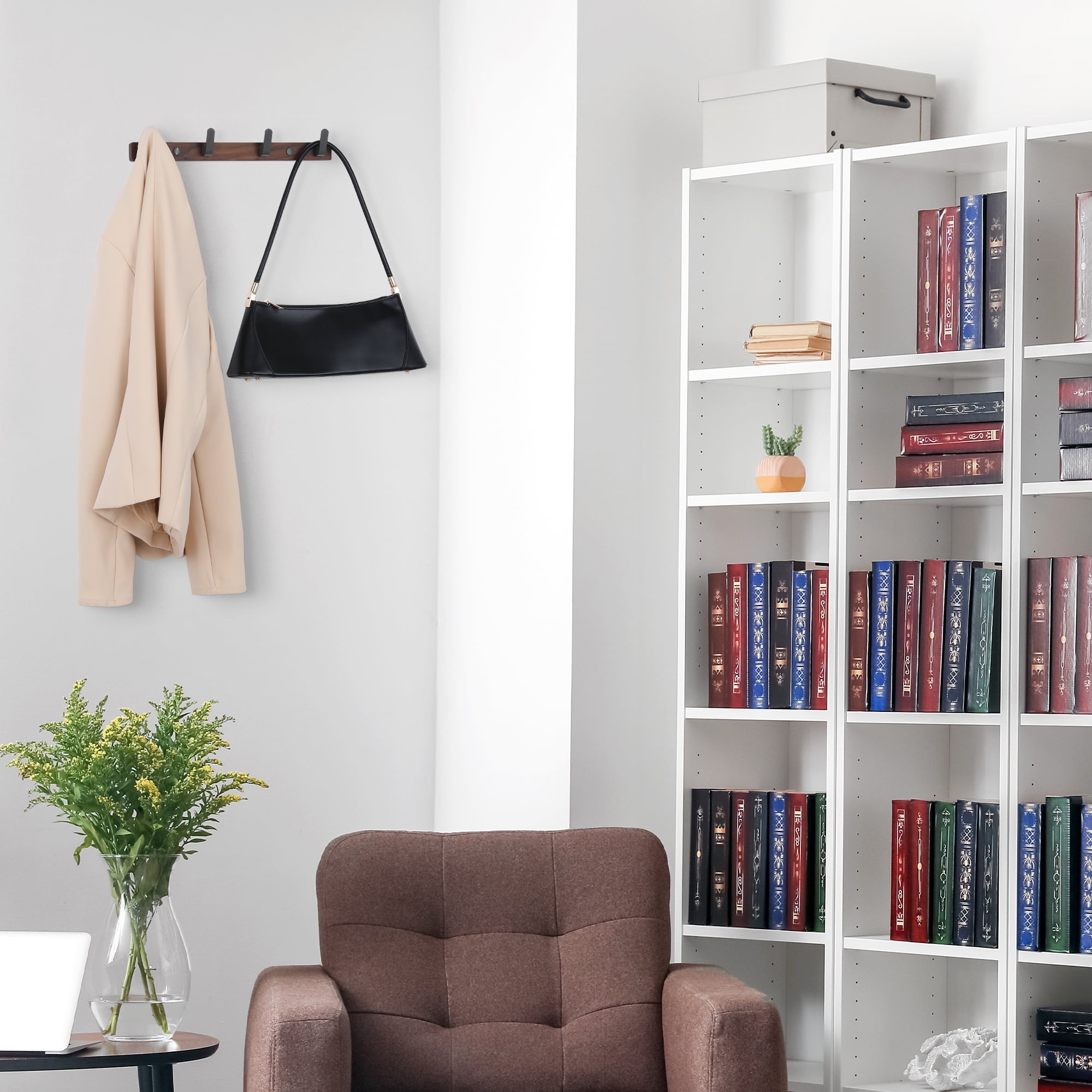 Unique Bargains Coat Rack Wall Mount Metal Wood Coat Hook for Hanging with 4 Hooks Gray