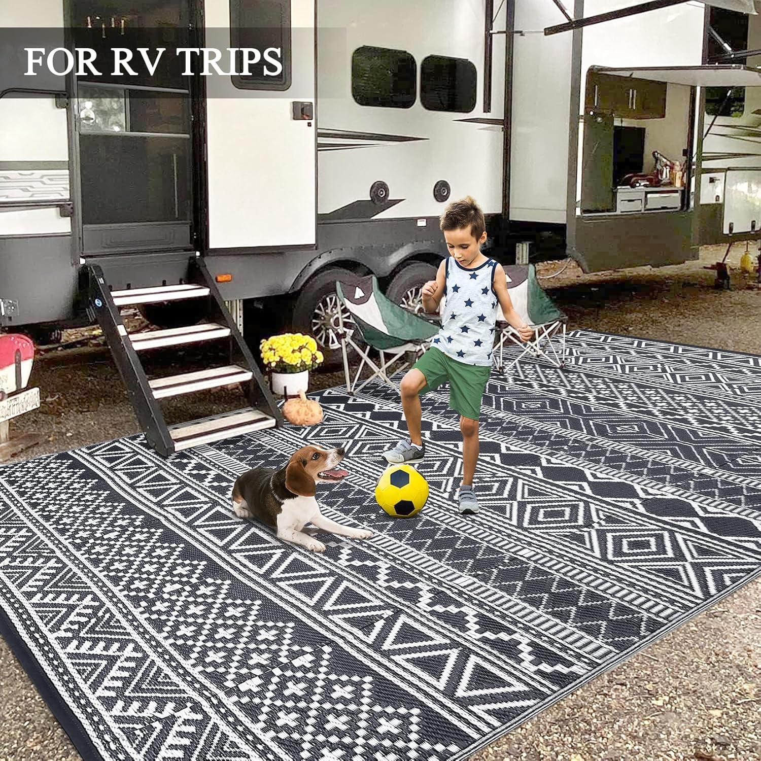 Twister.CK 5' x 8' Plastic Outdoor Rugs, Waterproof Bohemia Straw Rug Reversible Outside Carpet for Patio Deck Porch Backyard Camping Picnic Beach, Black & White