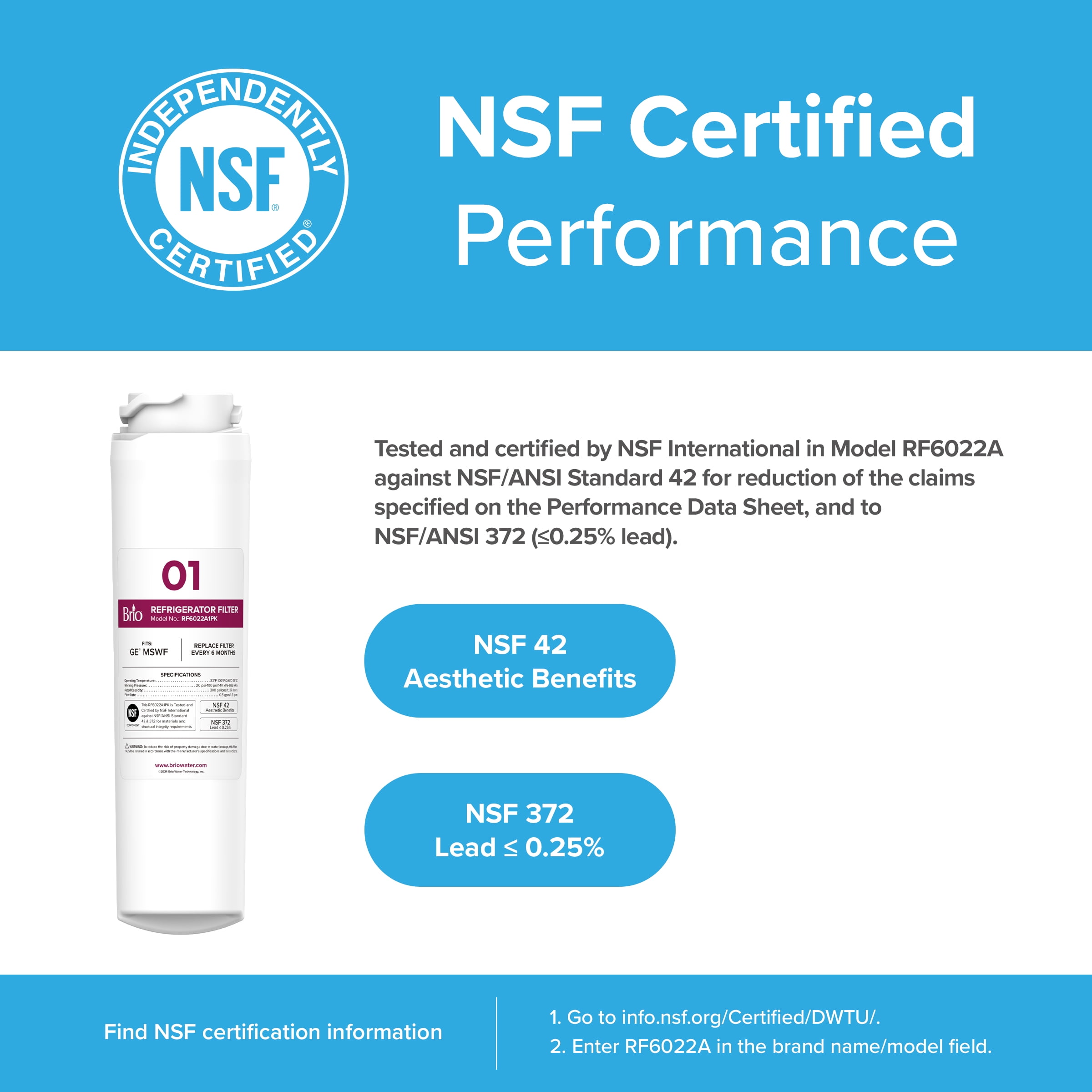 Brio 6022A Refrigerator Water Filter Replacement Compatible With GE MSWF, 101820A, 101821B, RWF1500A