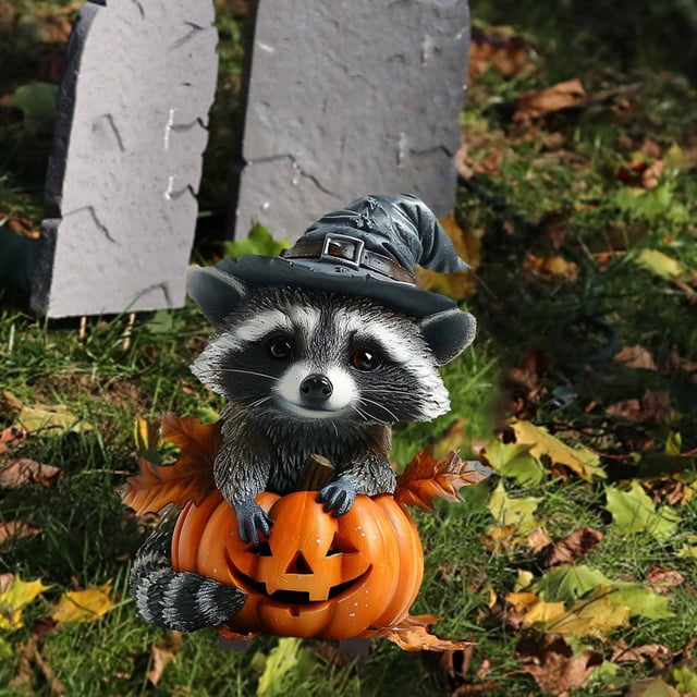 Seyotauo Halloween Pumpkin Cute Raccoon Planter Decor, Miniature Garden Acrylic Figurine Sculpture, Potted Plants Scene Decoration Props for Home Garden Outdoor Indoor, Decorative Plaques