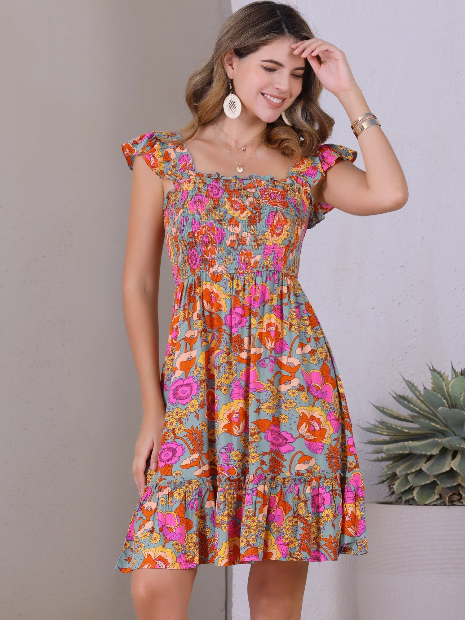DARING DIVA Floral Smocked Sleeveless Square Neck Ruffled Dress S Sage Green
