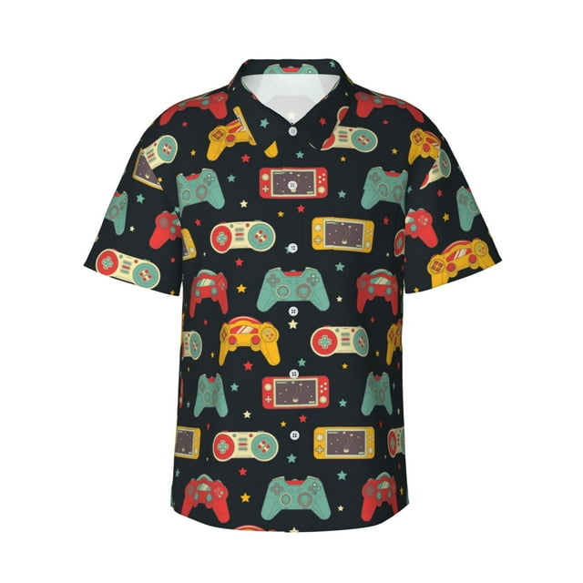 Xecao Retro Video Game Pattern Men's Hawaiian Shirt with Button Front and Chest Pocket Classic Short Sleeve Beach Vacation Shirt,XX-Large