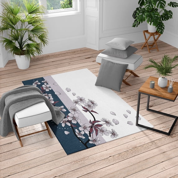 Japanese Turkish Area Rug, Romantic Sakura Blooms Flowers Petals Spring Wind Eastern Nature Theme, Soft Carpet for Living Room Decor with Distressed Look, 4' X 5.7', Petrol Blue, by Ambesonne