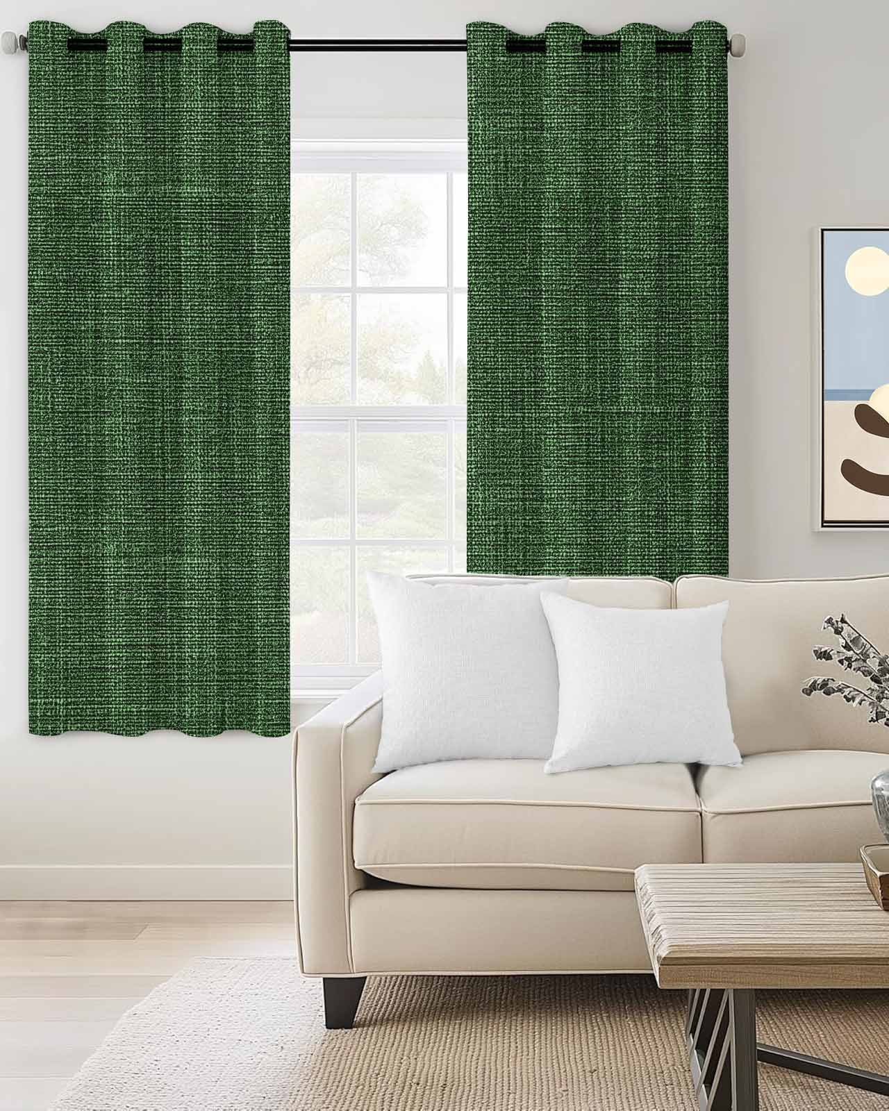 Dark Green Burlap Texture Blackout Curtains 63 Inches Long, Farmhouse Vintage Green 2 Panels, Thermal Insulated Room Darkening Drapes with Grommets, 52W x 63L Each Panel