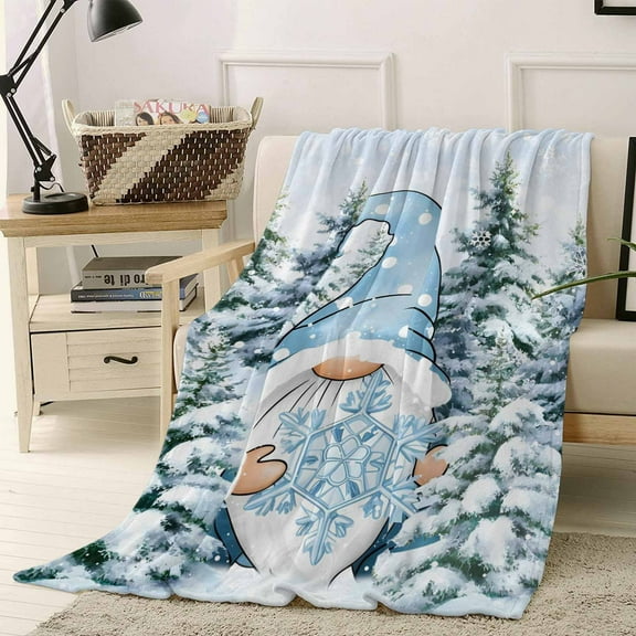 Christmas Blue Gnome Throw Flannel Blanket 40x60In Snowflakes Xmas Trees Winter Snow Scene Super Soft Cozy Bed Blanket, Lightweight Plush Fuzzy Bed Throw for Bedroom Sofa Couch Living Room