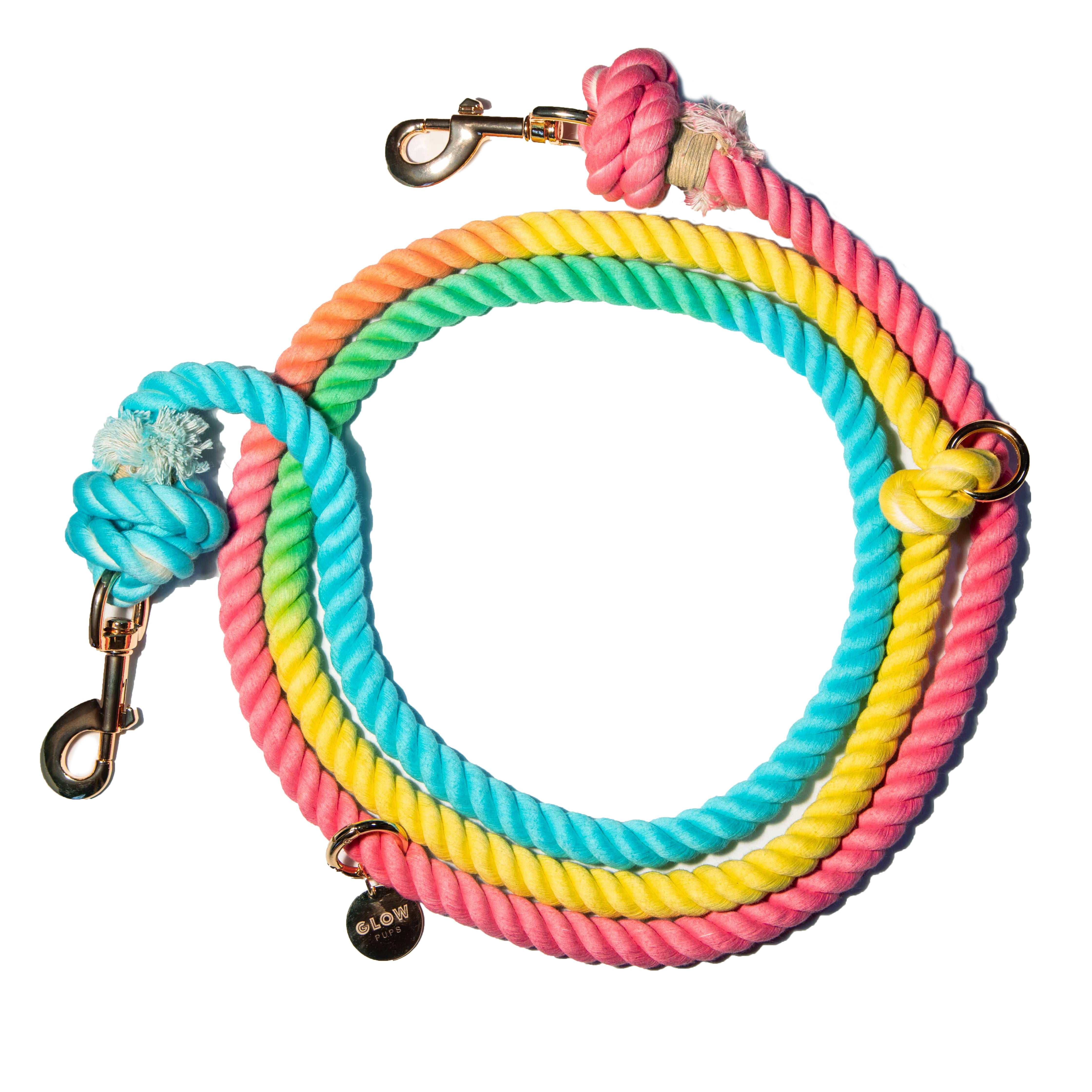 Glow Pups 7.5 Foot Cotton Rope Rainbow All Lifestages Adjustable Hands-Free Dog Standard Leash, Multicolor