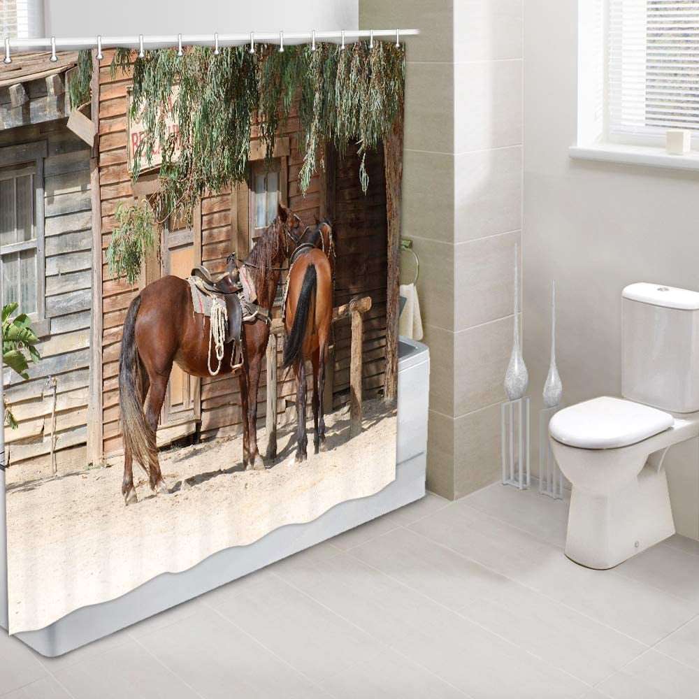 Horse Shower Curtain, Rustic Farm Animals in Traditional American Western Town Scenery Bath