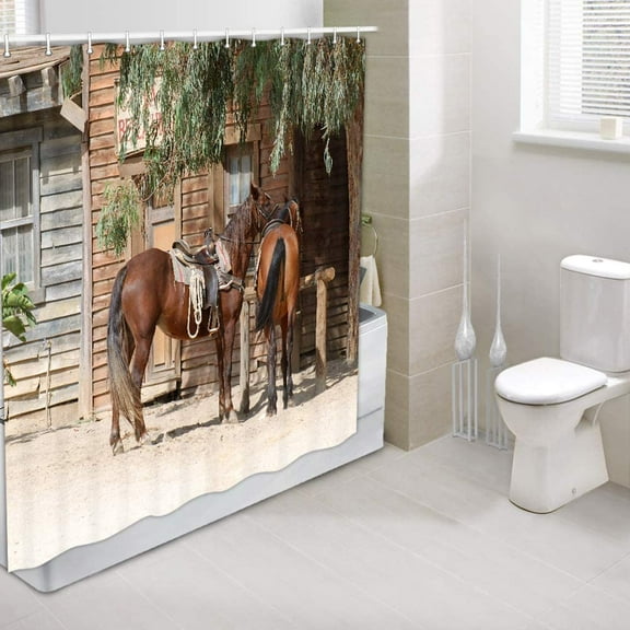 Horse Shower Curtain, Rustic Farm Animals in Traditional American Western Town Scenery Bath Curtain, Rustic Wooden Farmhouse Shower Curtain for Bathroom 12PCS Hooks, Bathtub Curtain 69X70 in