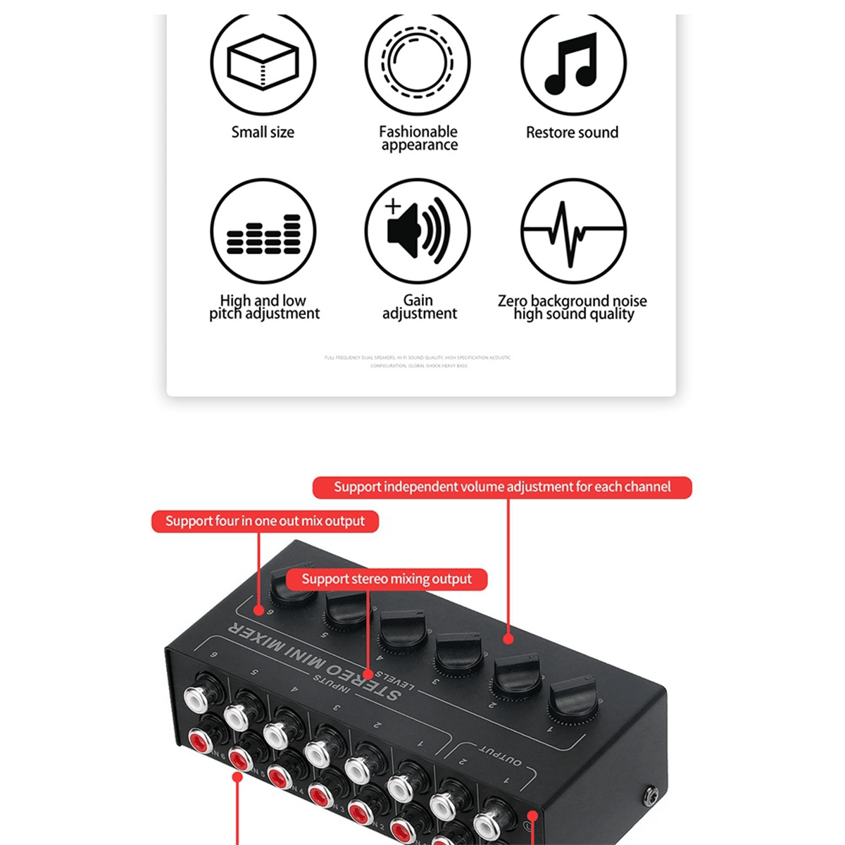 2X CX600 Mini Stereo 6 Channel Passive Mixer Portable Audio Mixer 6 in 2 Out Stereo Distributor Volume Control