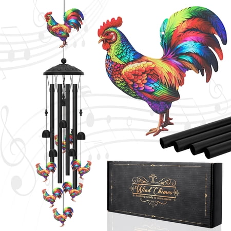 topjuju 35" Chicken Wind Chimes, Black Metal Wind Chimes Outside, Rooster Decor for Farm Garden, Best Housewarming/Birthday/Festival Gift for Mother, Grandma, Father, Friend, Memorial Sympathy Chimes
