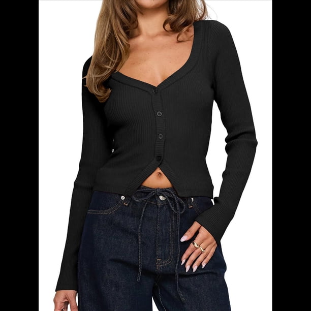 Cárdigan de Larga para Mujer, Suéter Corto de Punto Abierto, Chaqueta con Cuello en V y Botones para Otoño Negro L