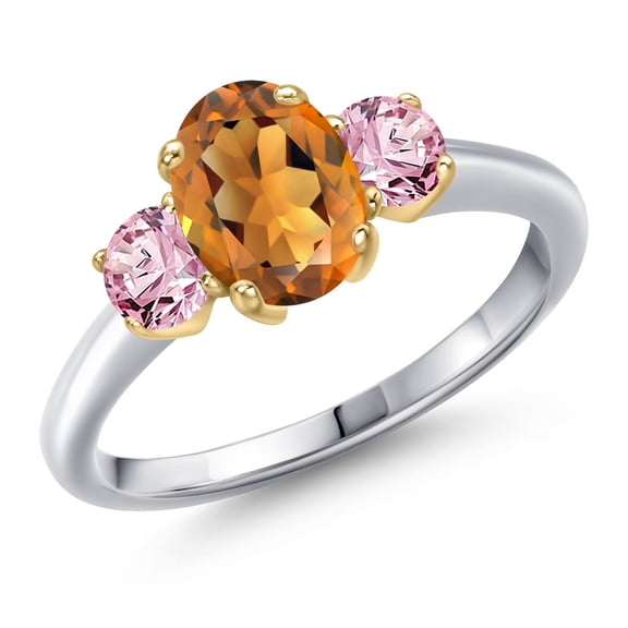 Gem Stone King 925 Silver and 10K Yellow Gold Orange Red Madeira Citrine and Pink Lab Grown Diamond Engagement Ring for Women | 1.60 Cttw | Oval 8X6MM | Gemstone November Birthstone | Size 9
