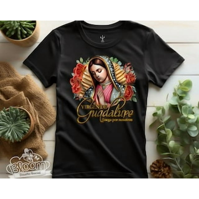 Plus Size Women's Guadalupe Print T Shirt Short Sleeve Round Neck Soft Casual Top With Floral Patterns And Spanish Text For Spring Summer And Fall