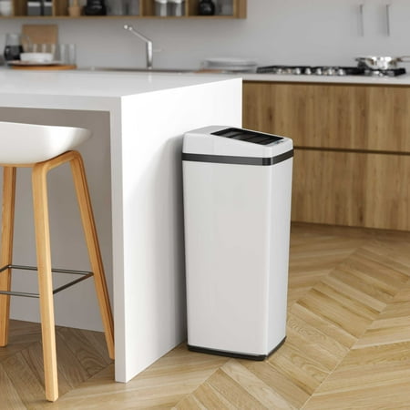 iTouchless - 14 Gallon Sliding Lid Sensor Trash Can with AbsorbX Odor Control System, Automatic Kitchen Bin - White stainless steel