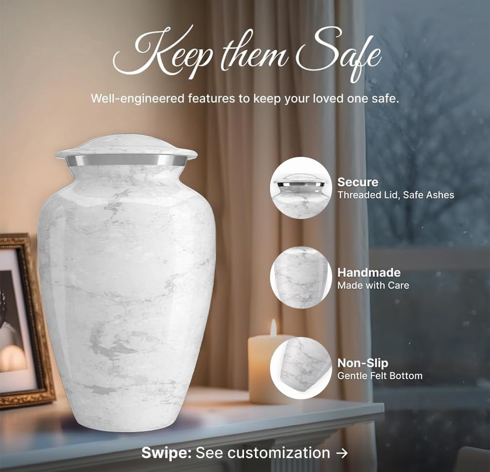 Set of 6 Custom Engraved Cremation Urns for Human Ashes Includes 1 Large Urn with 4 Small Keepsakes & 1 Silver Necklace - White Marble