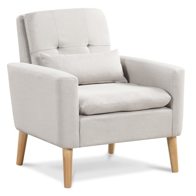 Gymax Chaise d'Appoint Moderne Mi-Siècle en Tissu de Lin avec Coussin Lombaire Beige