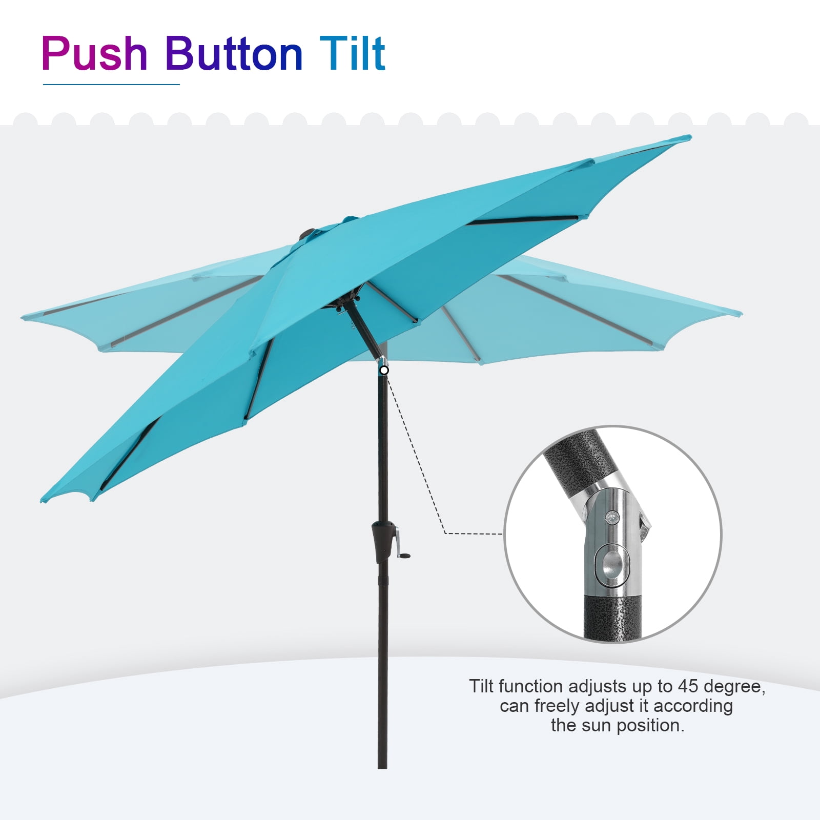9ft Outdoor Patio Umbrella, with Push Button Tilt and Crank Sysytem, Sturdy Power Coated Frame, for Garden, Poolside, Deck and Backyard, Blue