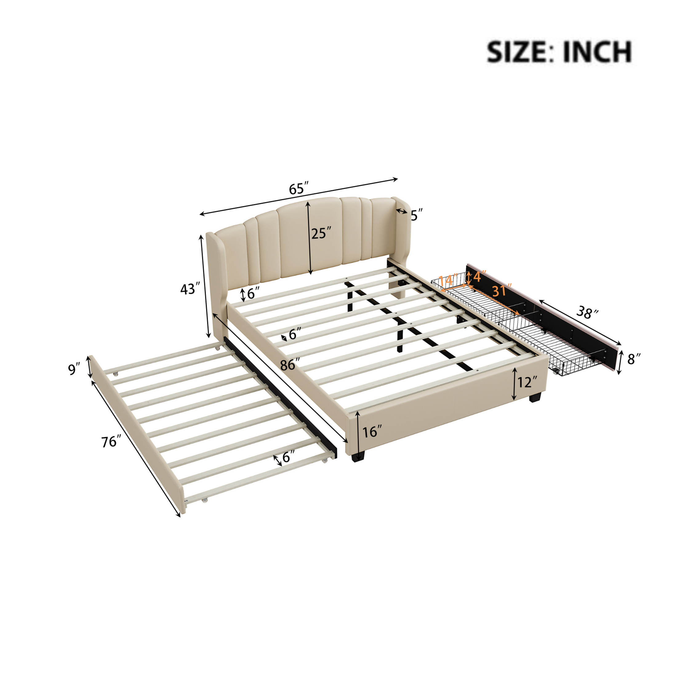 Noble House Queen Linen Upholstered Bed with Wingback Headboard, Twin Trundle & 2 Drawers, Beige