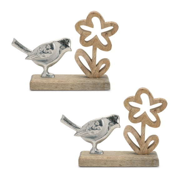 Melrose Bird and Flower on Wooden Base Decorations - 9.5" - Set of 2
