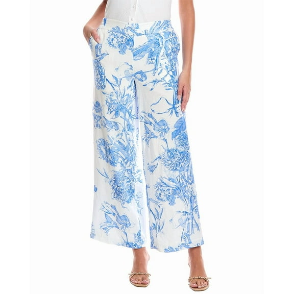 T Tahari womens  Print Linen-Blend Pant, xs, Blue